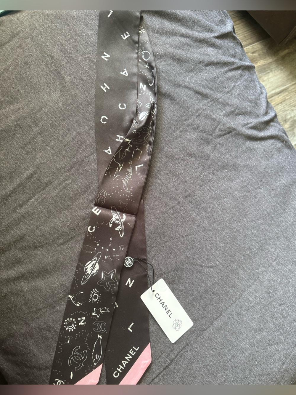 Black and Pink Silk Twilly Scarf with Cosmic Print